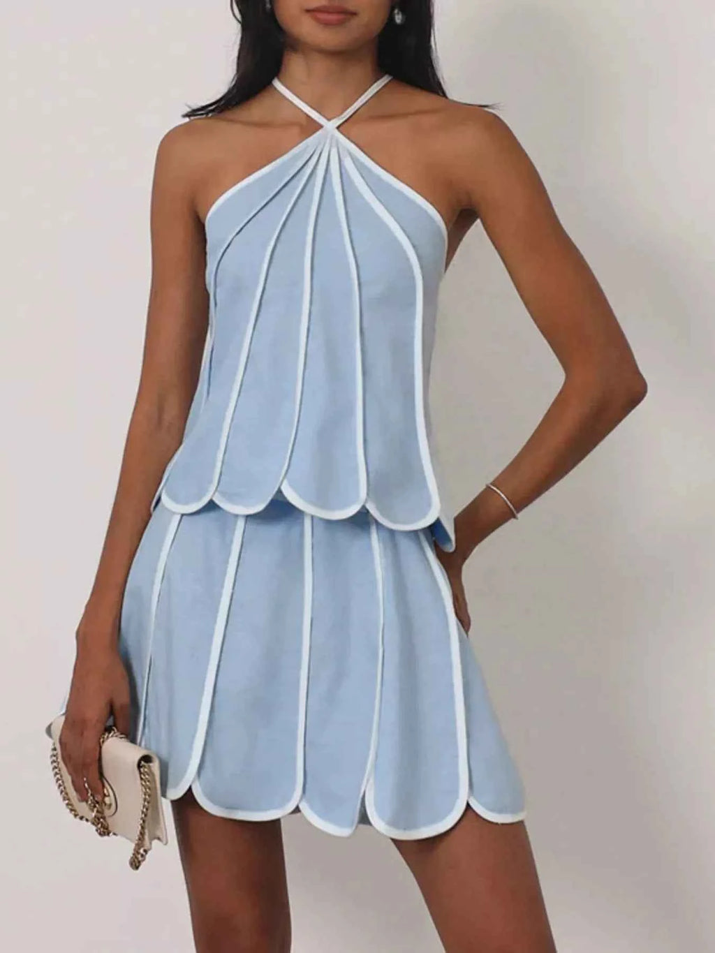 Ensemble top halter à volants liseré contrastant & jupe femme – Light Blue - Bootiky