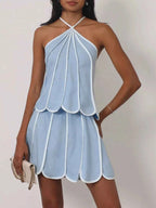 Ensemble top halter à volants liseré contrastant & jupe femme – Light Blue - Bootiky