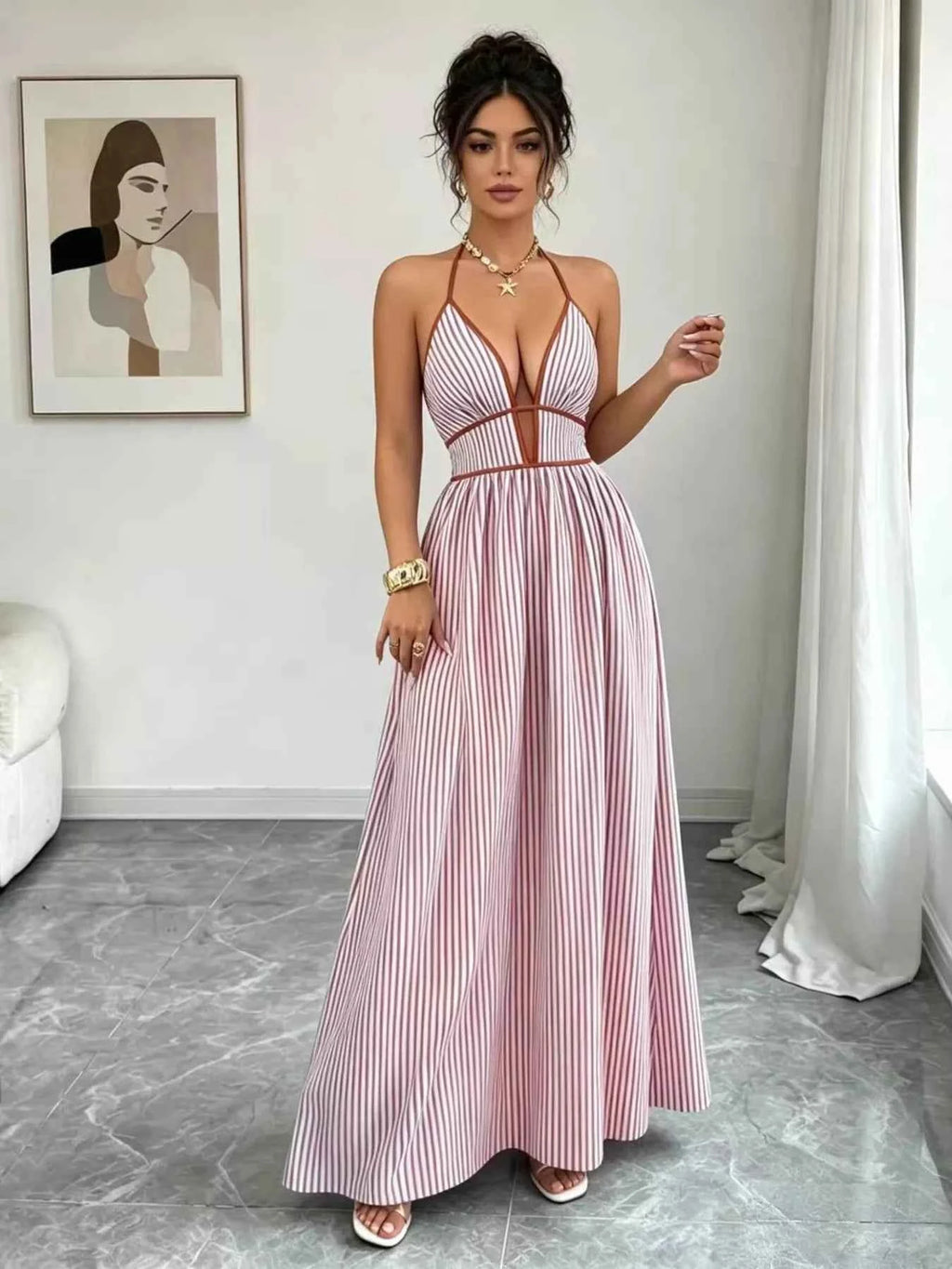 Robe Longue Graphique Riviera Col Licou – Rayures, Buste Smocké, S à 2XL - Bootiky