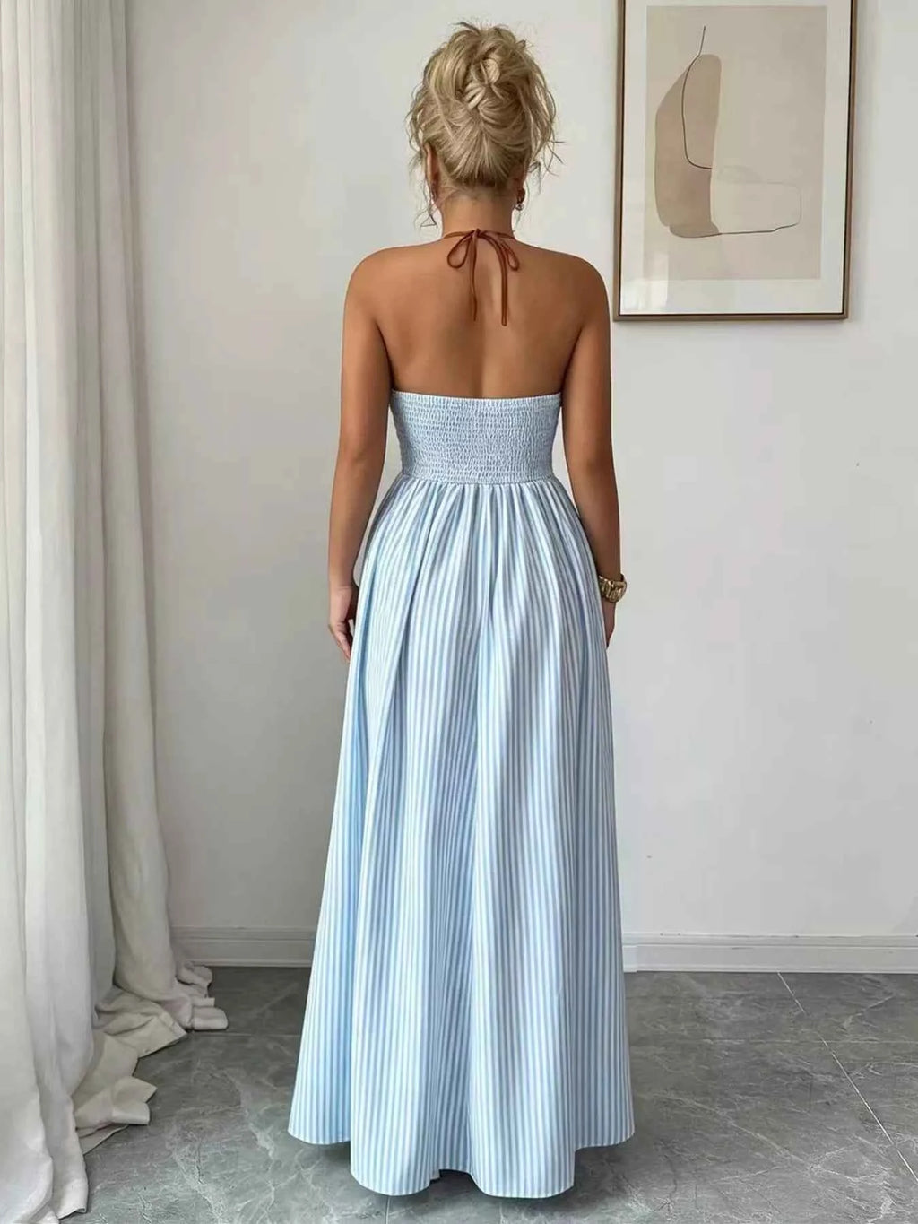 Robe Longue Graphique Riviera Col Licou – Rayures, Buste Smocké, S à 2XL - Bootiky
