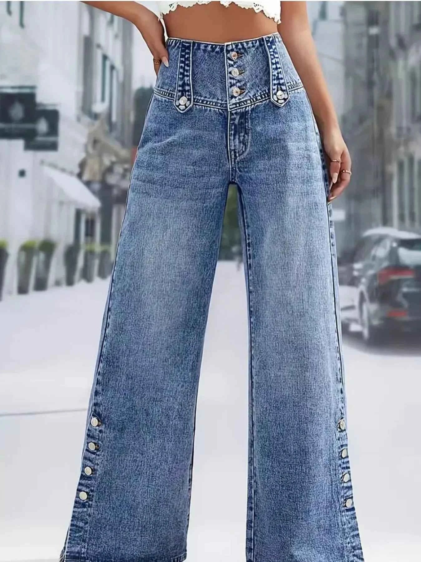 Jean taille haute wide-leg à boutons décoratifs - Bootiky