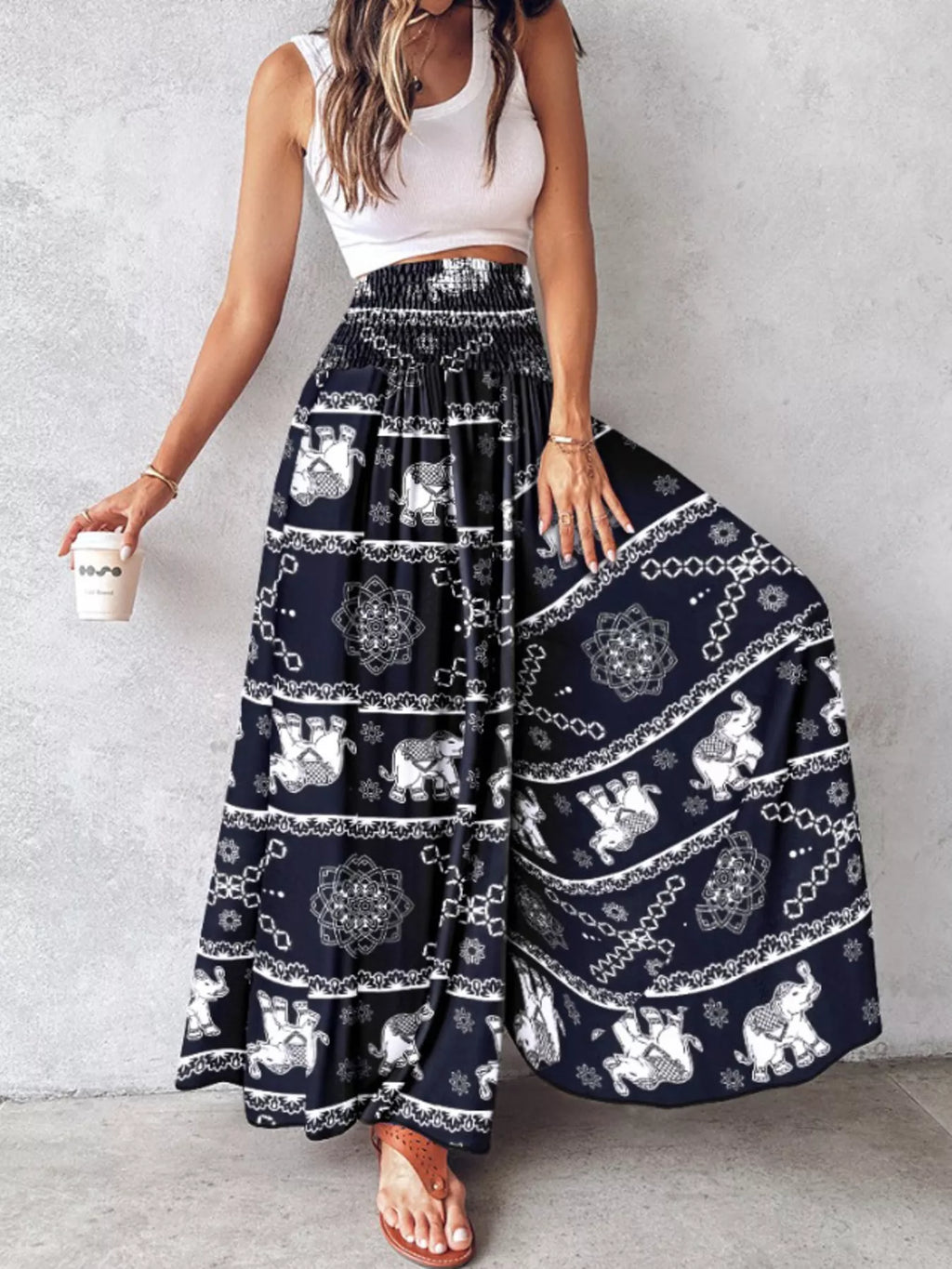 Pantalon Large Imprimé — Taille Smokée & Poches - Bootiky