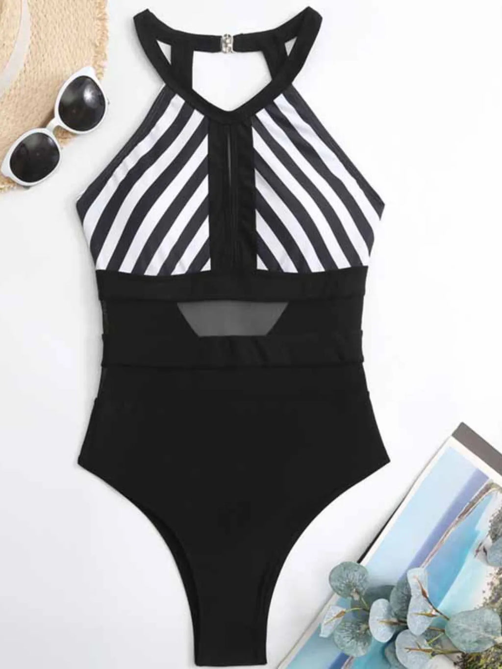 Maillot de Bain Une Pièce Rayé — Dos Nu & Détails Mesh - Bootiky
