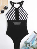 Maillot de Bain Une Pièce Rayé — Dos Nu & Détails Mesh - Bootiky