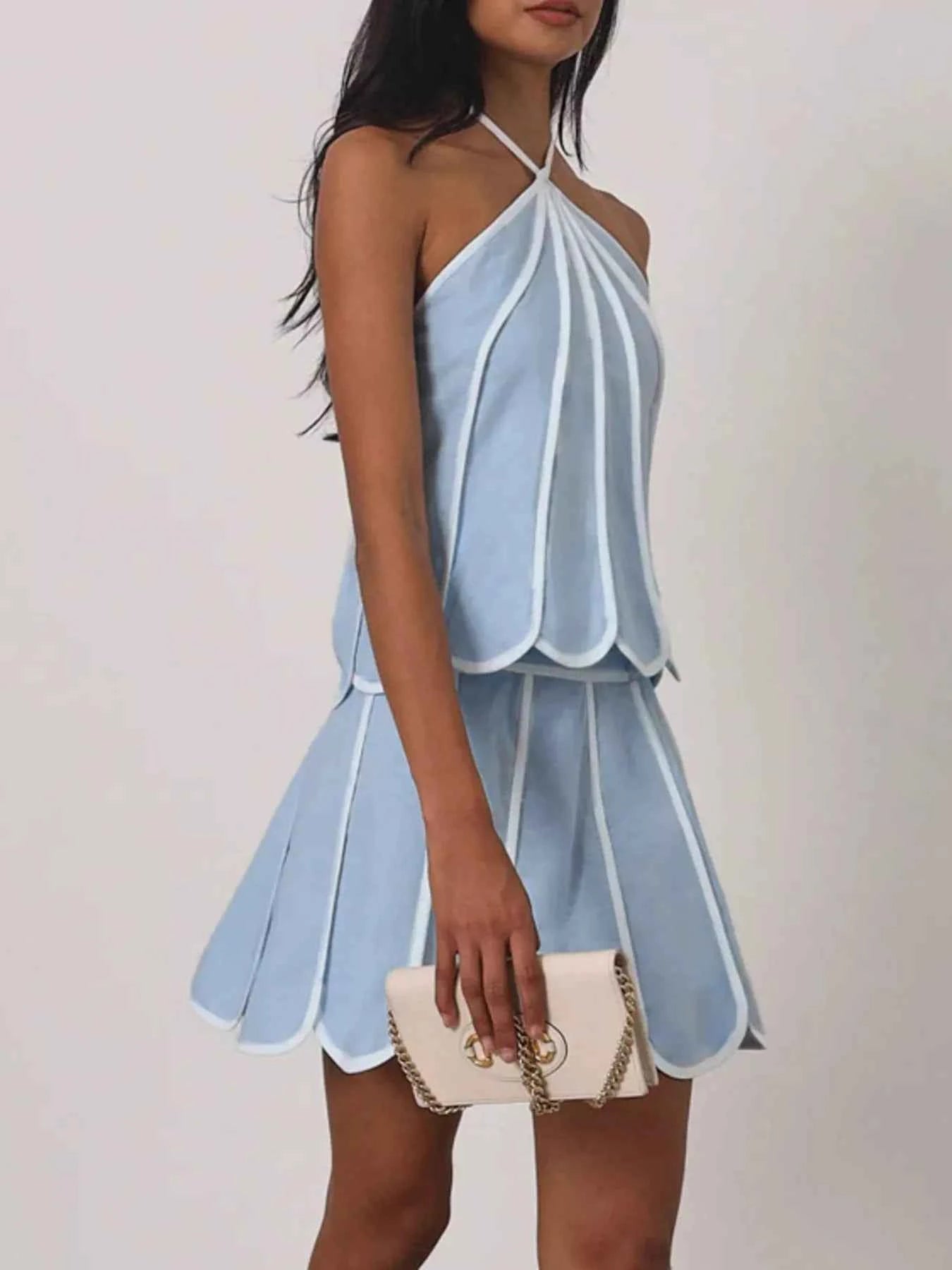 Ensemble top halter à volants liseré contrastant & jupe femme – Light Blue - Bootiky