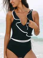Maillot de Bain Une Pièce à Col en V & Détails Volants - Bootiky