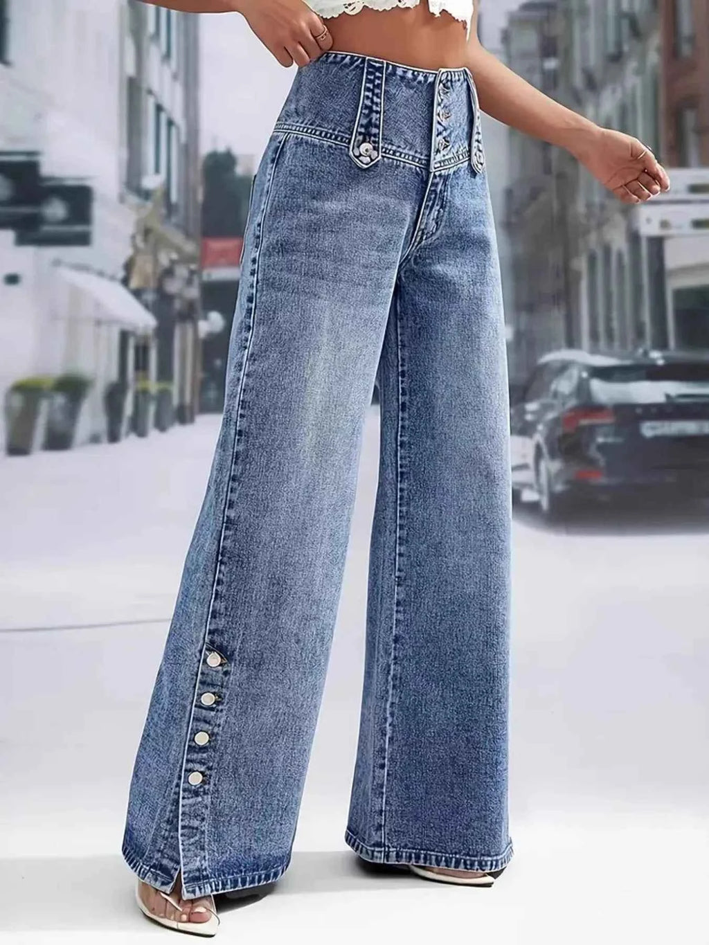 Jean taille haute wide-leg à boutons décoratifs - Bootiky