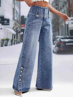 Jean taille haute wide-leg à boutons décoratifs - Bootiky