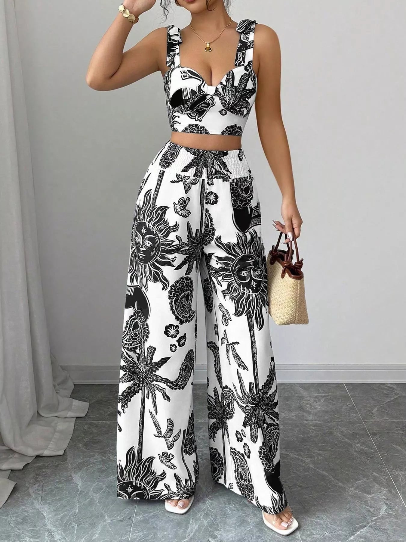 Ensemble crop top smocké imprimé floral & pantalon large femme – 3 coloris - Bootiky