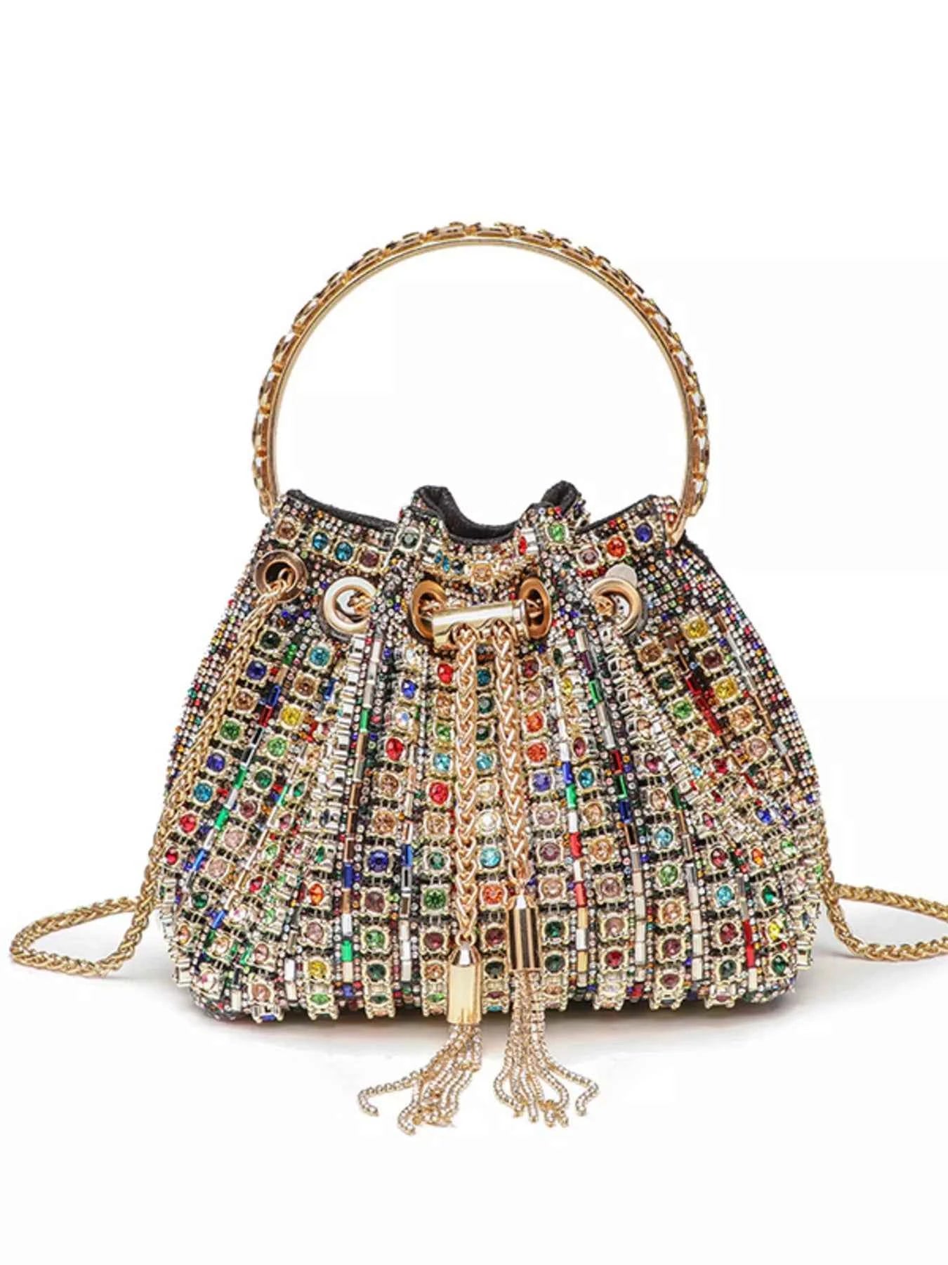 Elegant beaded bucket bag with colorful crystals, gold chain strap, and tassels for fashion accessories
