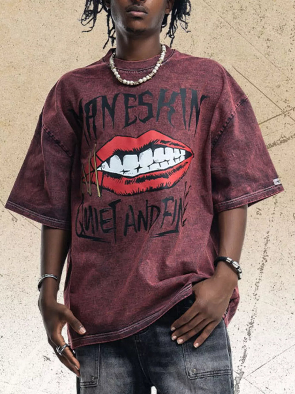 T-Shirt Homme Effet Délavé Motif Lèvres – Style Vintage Rock - Bootiky