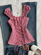Blouse Femme Vichy à Volants & Lacets – Manches Courtes, Motif Carreaux, Rouge S-XL - Bootiky