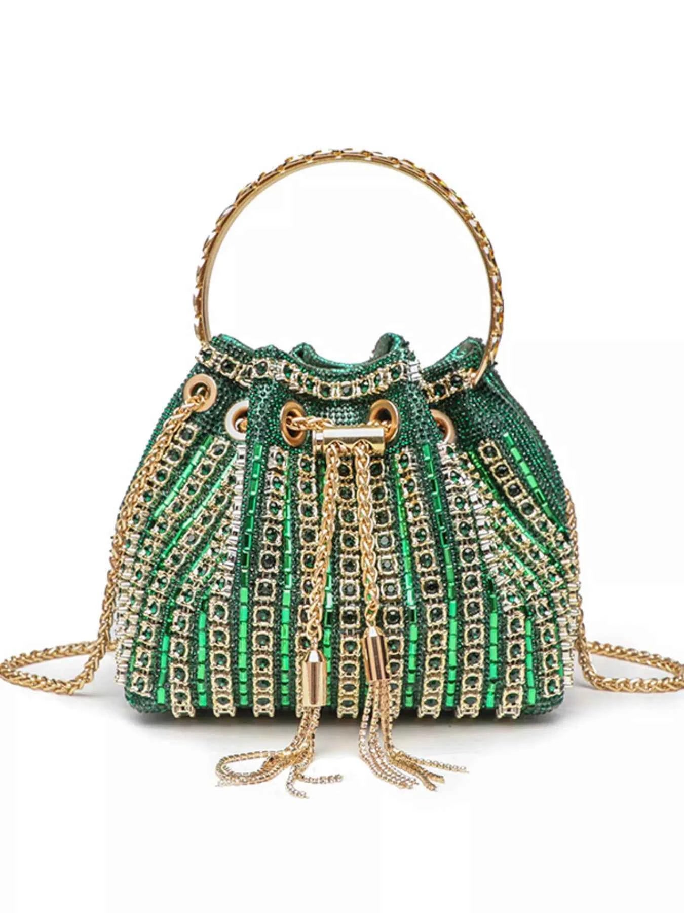 Emerald green beaded bucket bag with gold chain handle and tassels, elegant fashion accessory