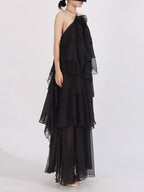 Robe Longue Mousseline — Col Licou, Volants & Mesh (Maxi Dress) - Bootiky