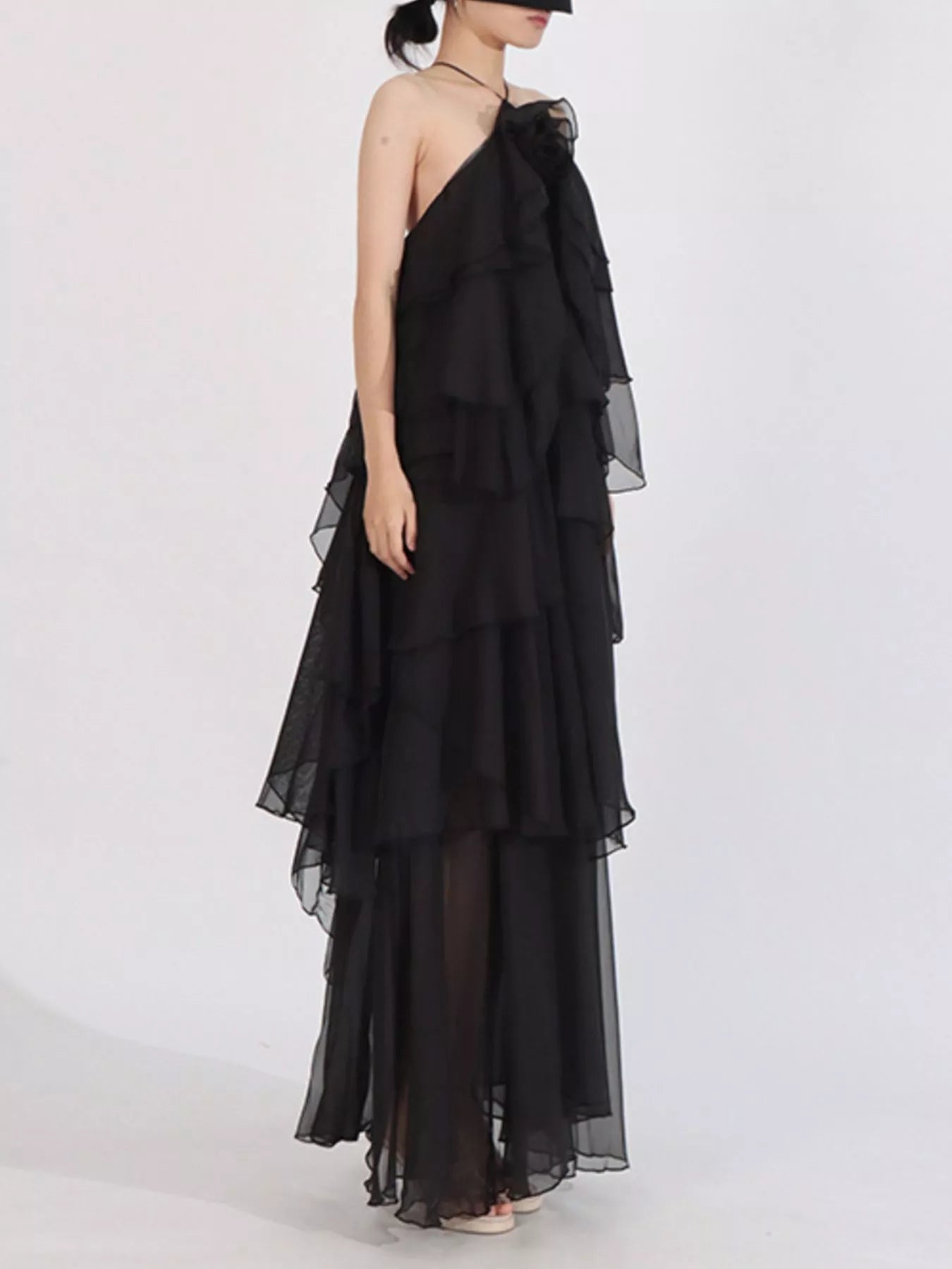 Robe Longue Mousseline — Col Licou, Volants & Mesh (Maxi Dress) - Bootiky