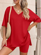 Ensemble t-shirt col V & short femme – 7 coloris, grande taille - Bootiky