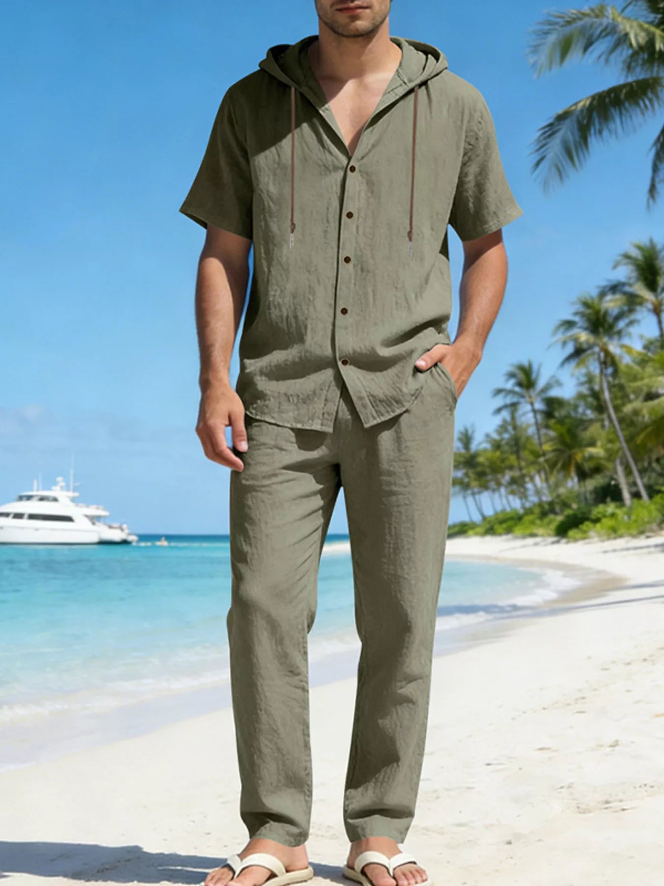 Ensemble Homme Lin — Haut à Capuche Boutonné & Pantalon Large - Bootiky