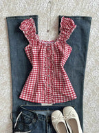 Blouse Femme Vichy à Volants & Lacets – Manches Courtes, Motif Carreaux, Rouge S-XL - Bootiky