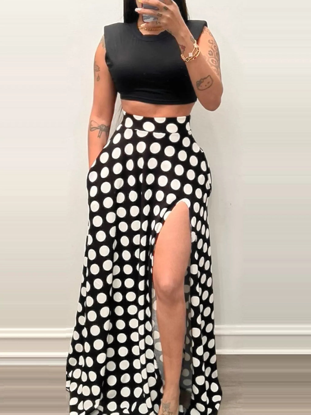 Jupe Maxi Fendue Retro Polka à Pois avec Poches – Taille Haute, S à 2XL - Bootiky