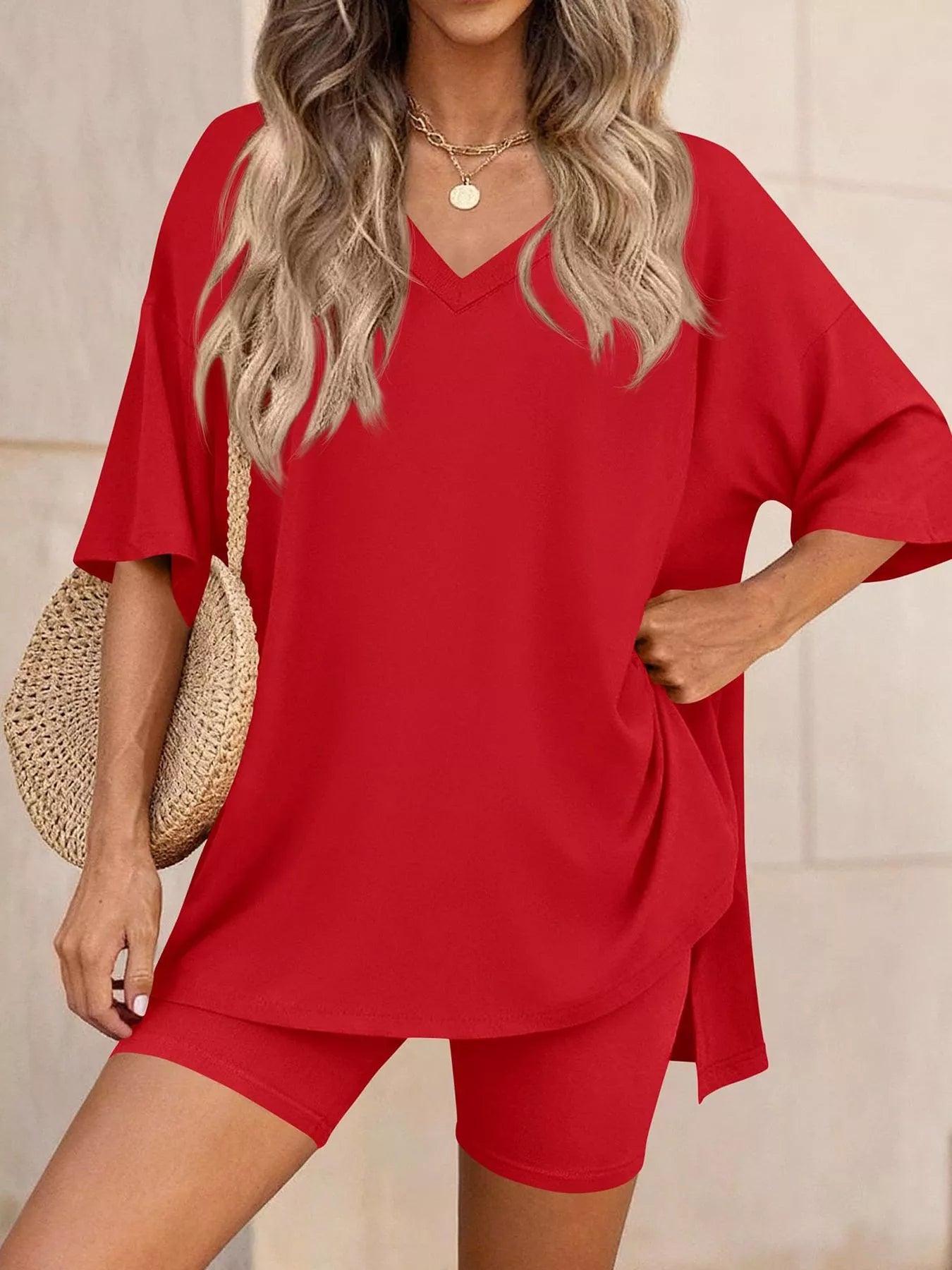 Ensemble t-shirt col V & short femme – 7 coloris, grande taille - Bootiky