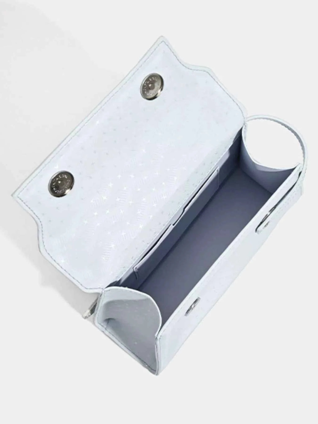 Light blue glittery clutch bag with snap buttons and interior compartments, ideal for evening accessories.