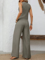 Ensemble gilet col V boutonné & pantalon large femme – 3 coloris - Bootiky