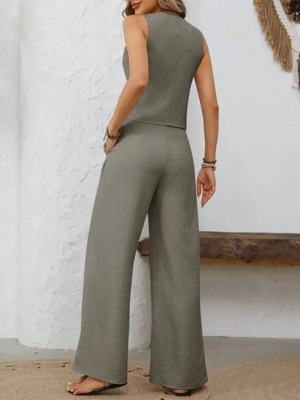 Ensemble gilet col V boutonné & pantalon large femme – 3 coloris - Bootiky