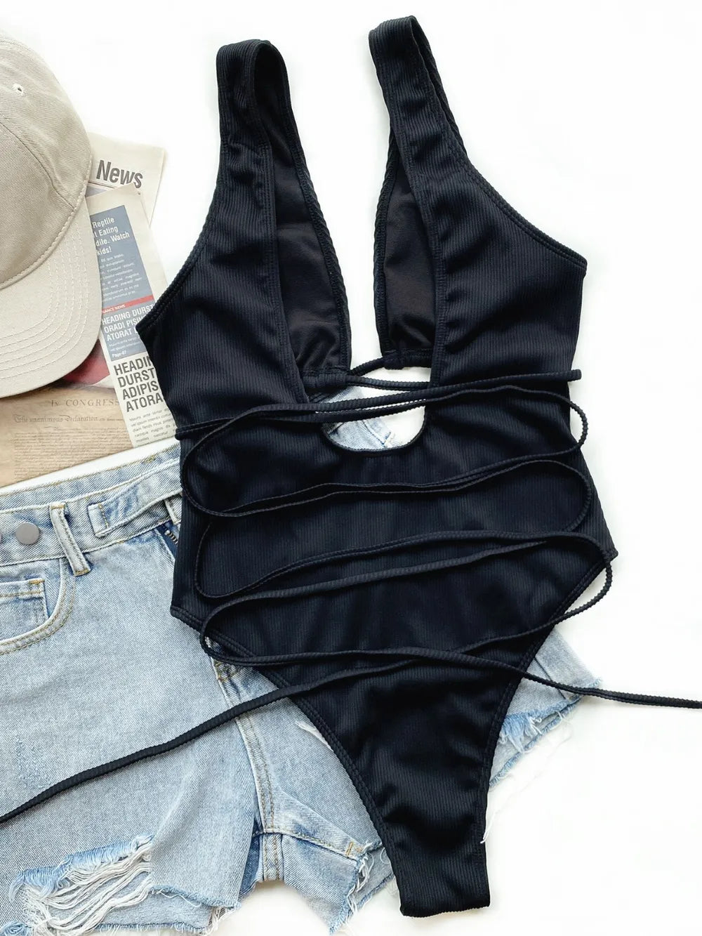 Maillot de Bain 1 Pièce Côtelé — Laçage Ajustable & Coussinets Amovibles - Bootiky