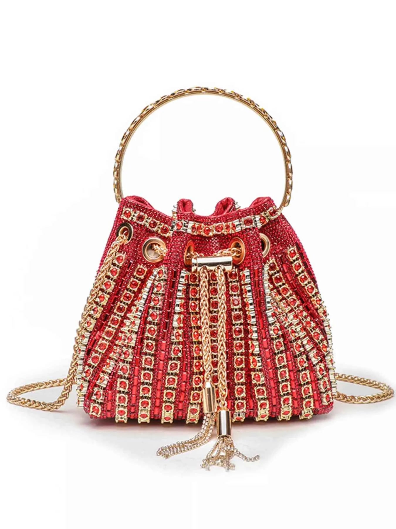 Red beaded bucket bag with gold chain handle and tassel, elegant evening accessory