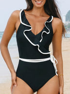 Maillot de Bain Une Pièce à Col en V & Détails Volants - Bootiky
