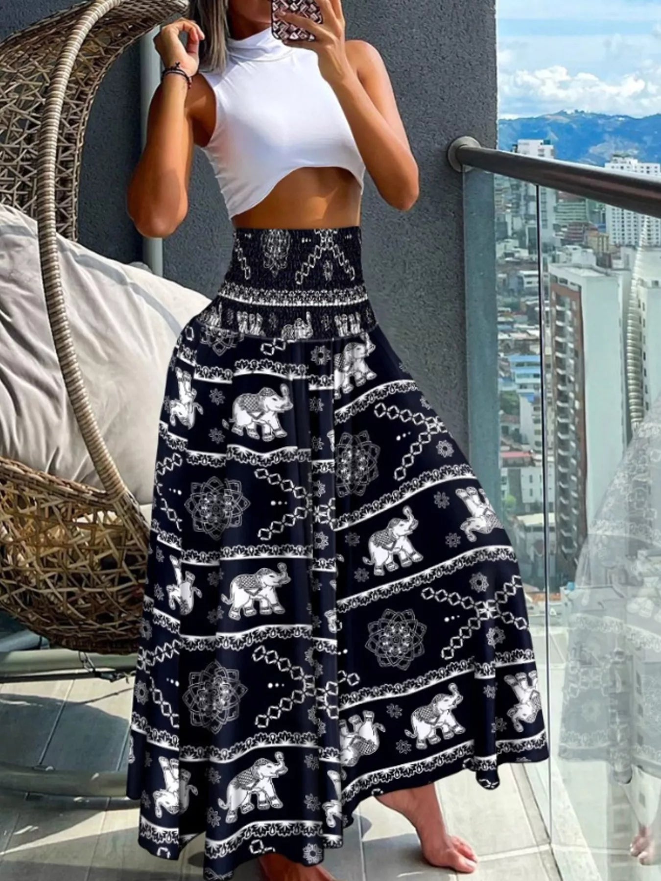 Pantalon Large Imprimé — Taille Smokée & Poches - Bootiky