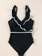 Maillot de Bain Une Pièce à Col en V & Détails Volants - Bootiky