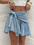 Jupe en Jean Taille Haute à Volants & Nœud Papillon – Fronces, Fermeture Éclair, XS-L - Bootiky
