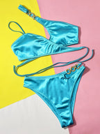 Bikini 2 Pièces — Haut Croisé & Détails Chaînes Bleu Canard - Bootiky