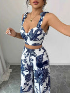 Ensemble crop top smocké imprimé floral & pantalon large femme – 3 coloris - Bootiky
