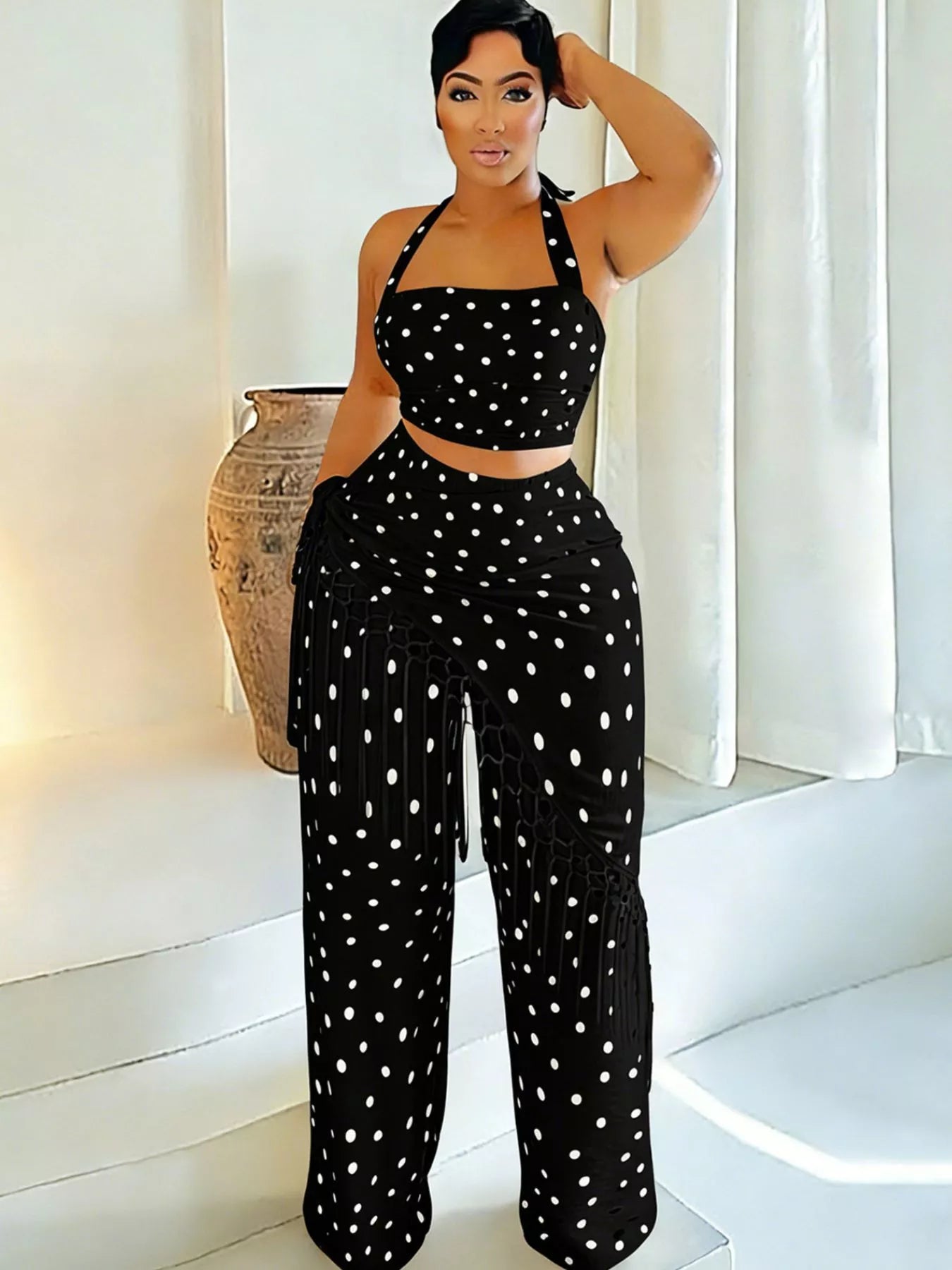 Ensemble cami halter pois & pantalon à franges – 3 coloris - Bootiky