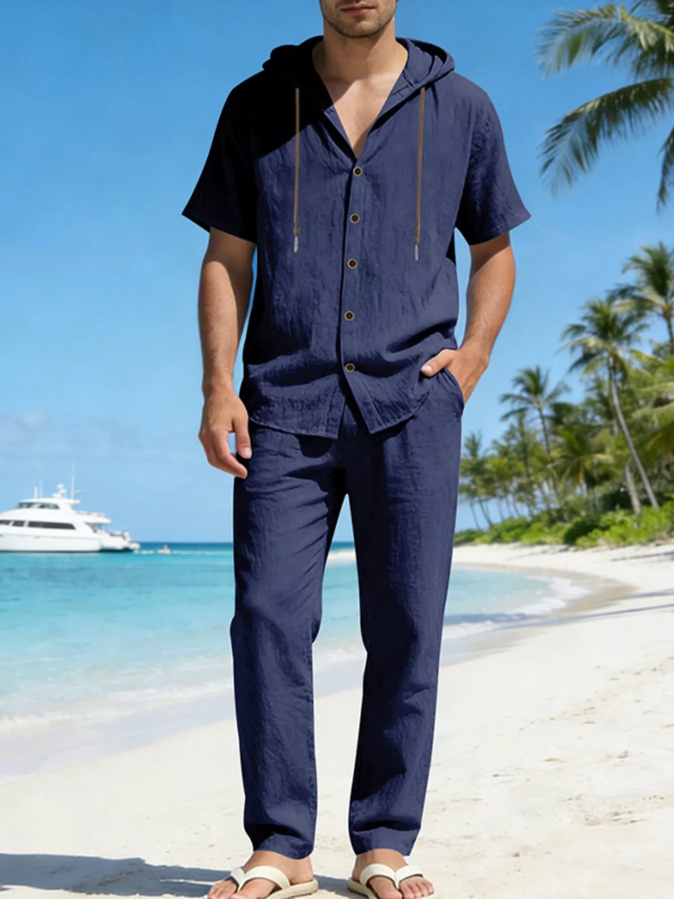 Ensemble Homme Lin — Haut à Capuche Boutonné & Pantalon Large - Bootiky