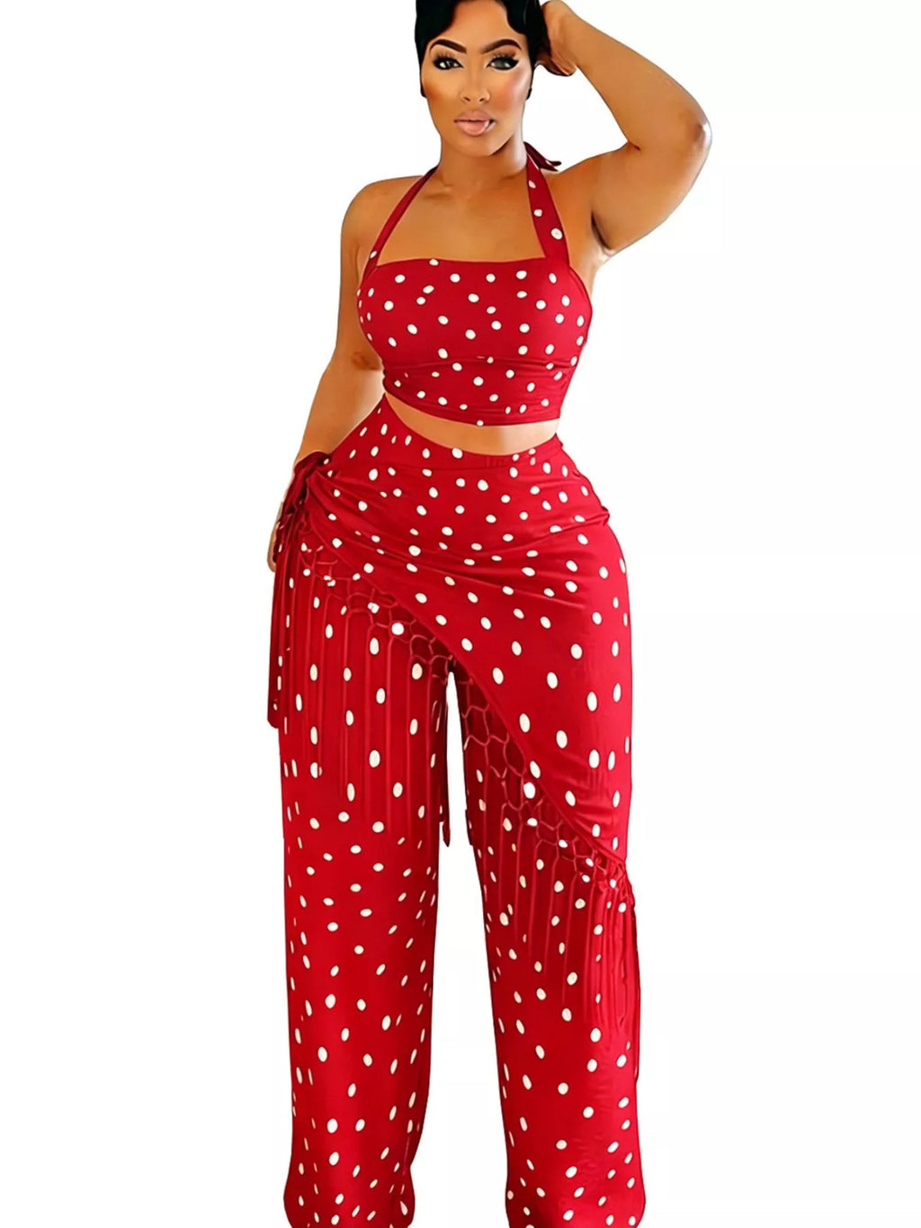 Ensemble cami halter pois & pantalon à franges – 3 coloris - Bootiky