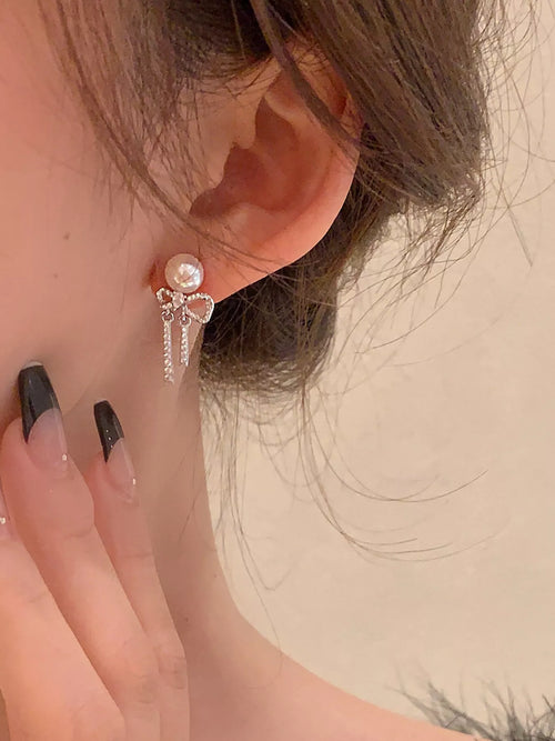 Boucles d'Oreilles Pendantes Nœud & Perles — Argent Sterling 925 - Bootiky