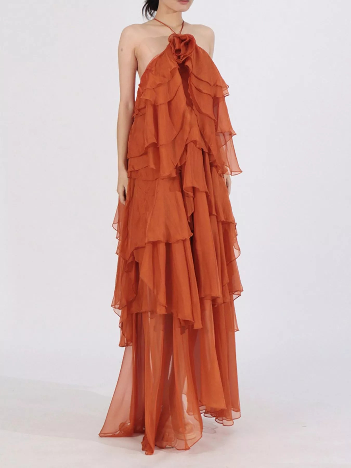 Robe Longue Mousseline — Col Licou, Volants & Mesh (Maxi Dress) - Bootiky