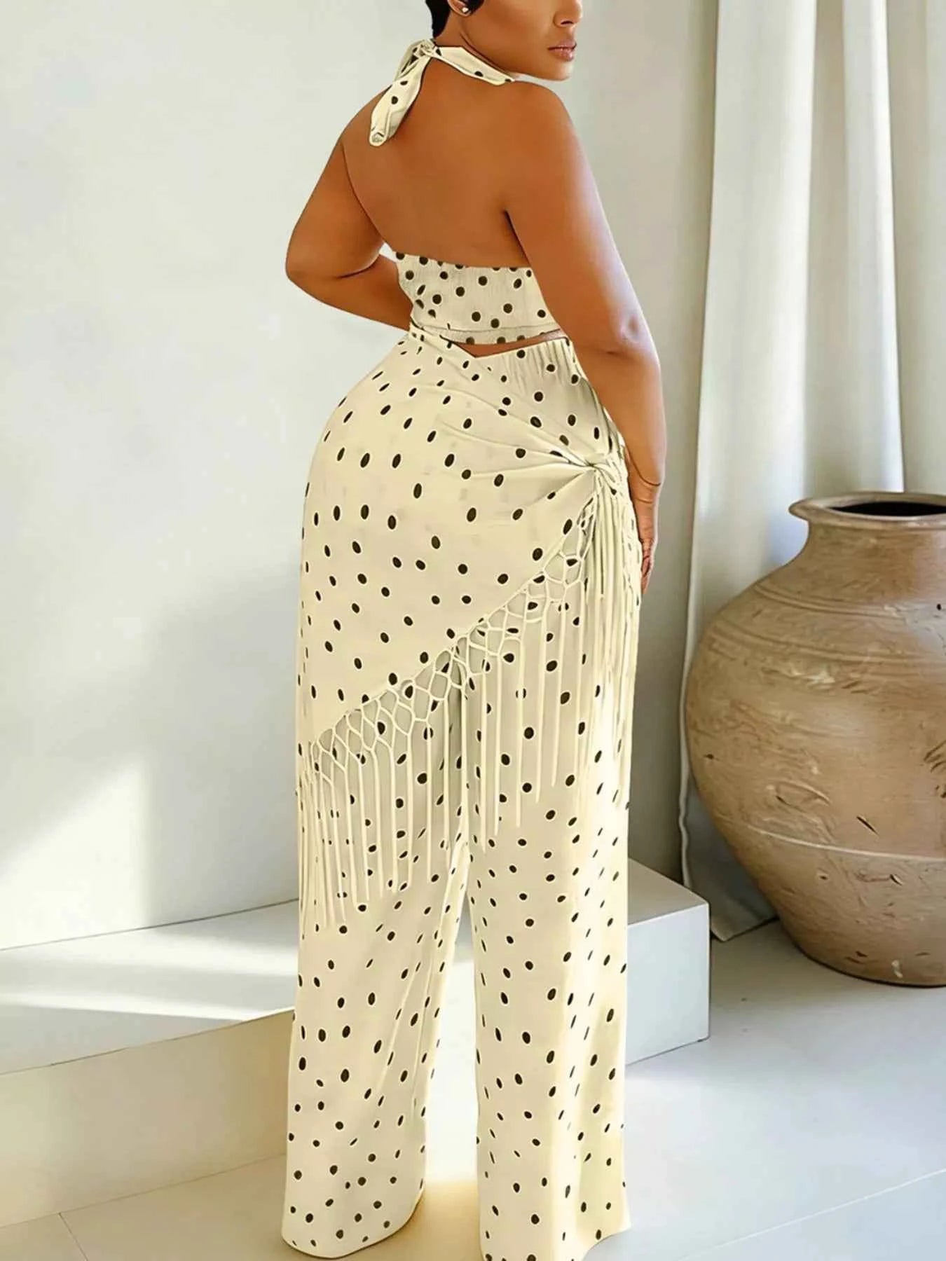 Ensemble cami halter pois & pantalon à franges – 3 coloris - Bootiky
