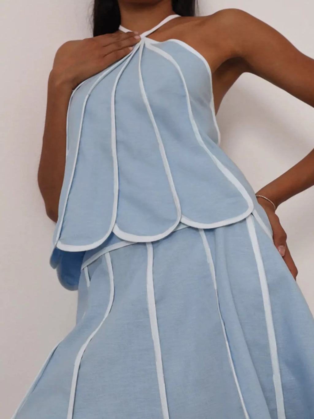 Ensemble top halter à volants liseré contrastant & jupe femme – Light Blue - Bootiky