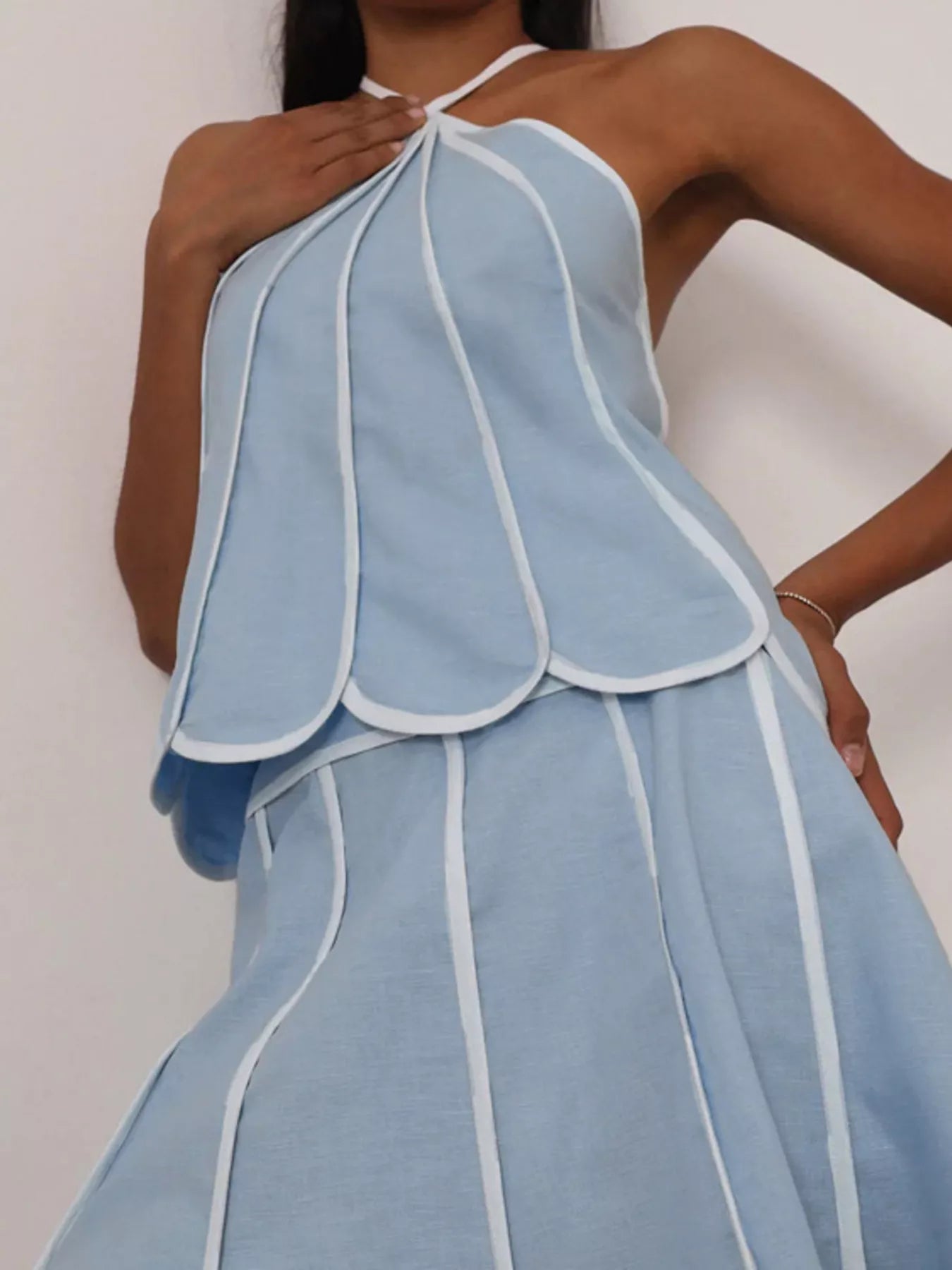 Ensemble top halter à volants liseré contrastant & jupe femme – Light Blue - Bootiky