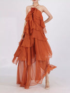 Robe Longue Mousseline — Col Licou, Volants & Mesh (Maxi Dress) - Bootiky