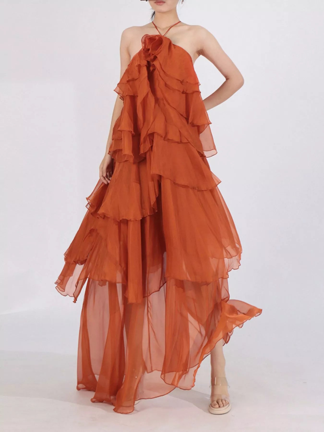Robe Longue Mousseline — Col Licou, Volants & Mesh (Maxi Dress) - Bootiky