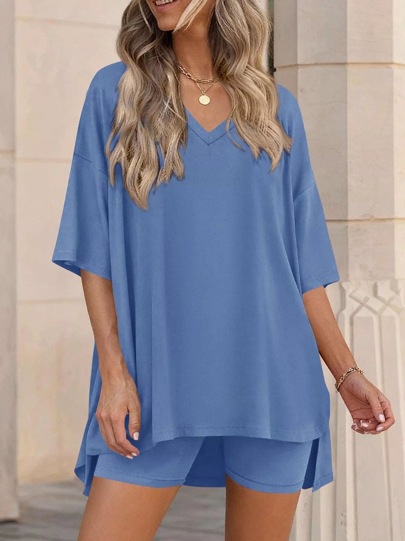 Ensemble t-shirt col V & short femme – 7 coloris, grande taille - Bootiky