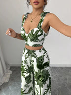 Ensemble crop top smocké imprimé floral & pantalon large femme – 3 coloris - Bootiky