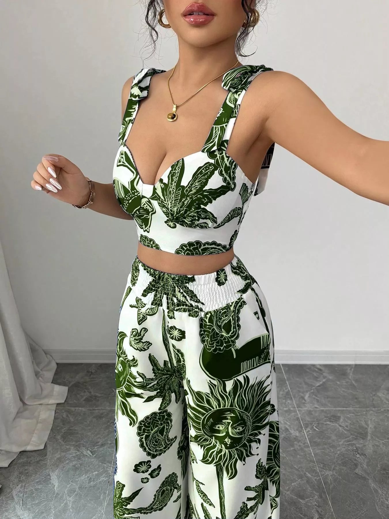 Ensemble crop top smocké imprimé floral & pantalon large femme – 3 coloris - Bootiky
