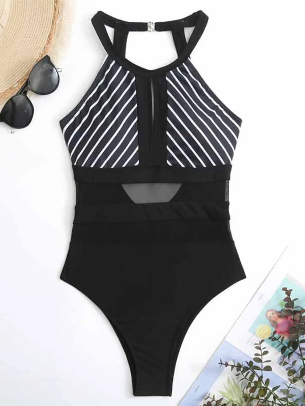 Maillot de Bain Une Pièce Rayé — Dos Nu & Détails Mesh - Bootiky