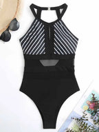 Maillot de Bain Une Pièce Rayé — Dos Nu & Détails Mesh - Bootiky